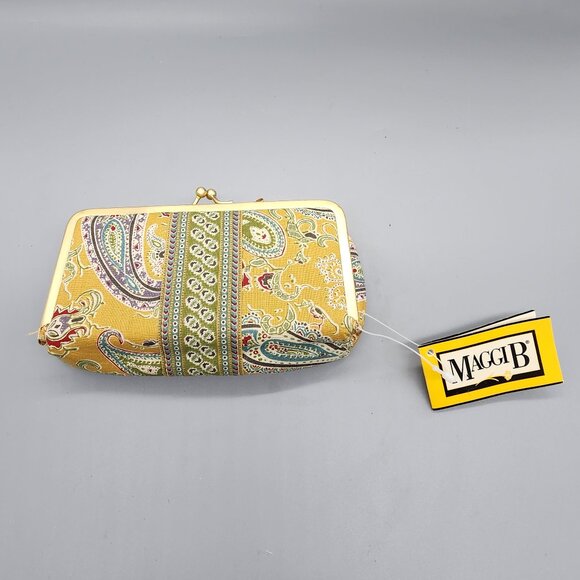 MAGGI B Framed Makeup Bag 6"x3.5" Paisley Print Yellow Vintage Style GANZ - Picture 1 of 10